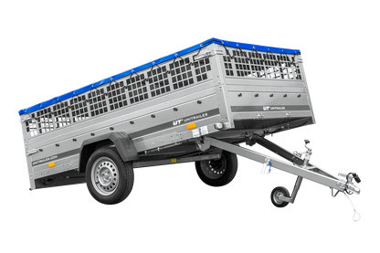 Remolque 264x150 UNITRAILER GARDEN 265 BASCULANTE con sobrelateral de rejilla, soportes para lona plana y lona azul