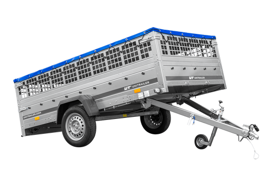 Remolque 264x150 UNITRAILER GARDEN 265 BASCULANTE con sobrelateral de rejilla, soportes para lona plana y lona azul
