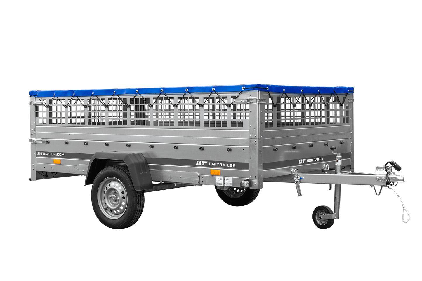 Remolque 264x150 UNITRAILER GARDEN 265 BASCULANTE con sobrelateral de rejilla, soportes para lona plana y lona azul
