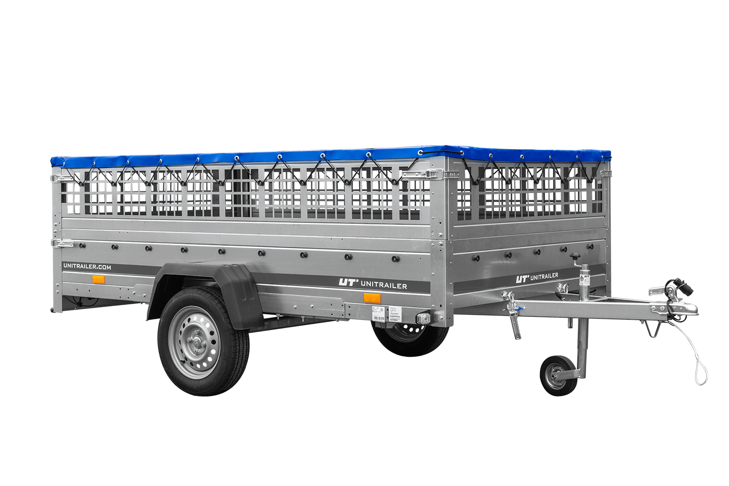 Remolque 264x150 UNITRAILER GARDEN 265 BASCULANTE con sobrelateral de rejilla, soportes para lona plana y lona azul