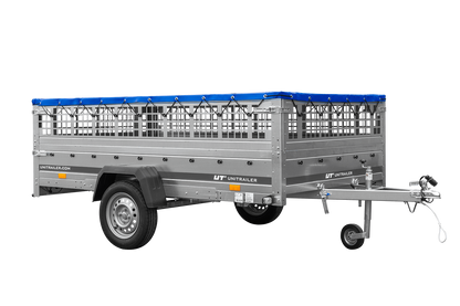 Remolque 264x150 UNITRAILER GARDEN 265 BASCULANTE con sobrelateral de rejilla, soportes para lona plana y lona azul