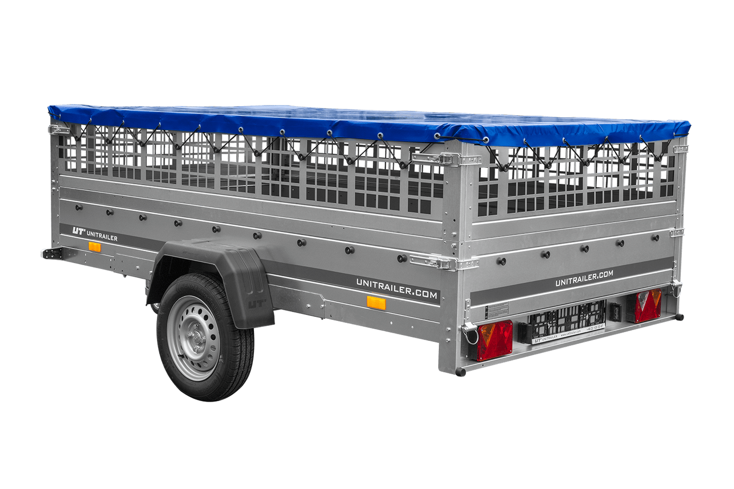 Remolque 264x150 UNITRAILER GARDEN 265 BASCULANTE con sobrelateral de rejilla, soportes para lona plana y lona azul