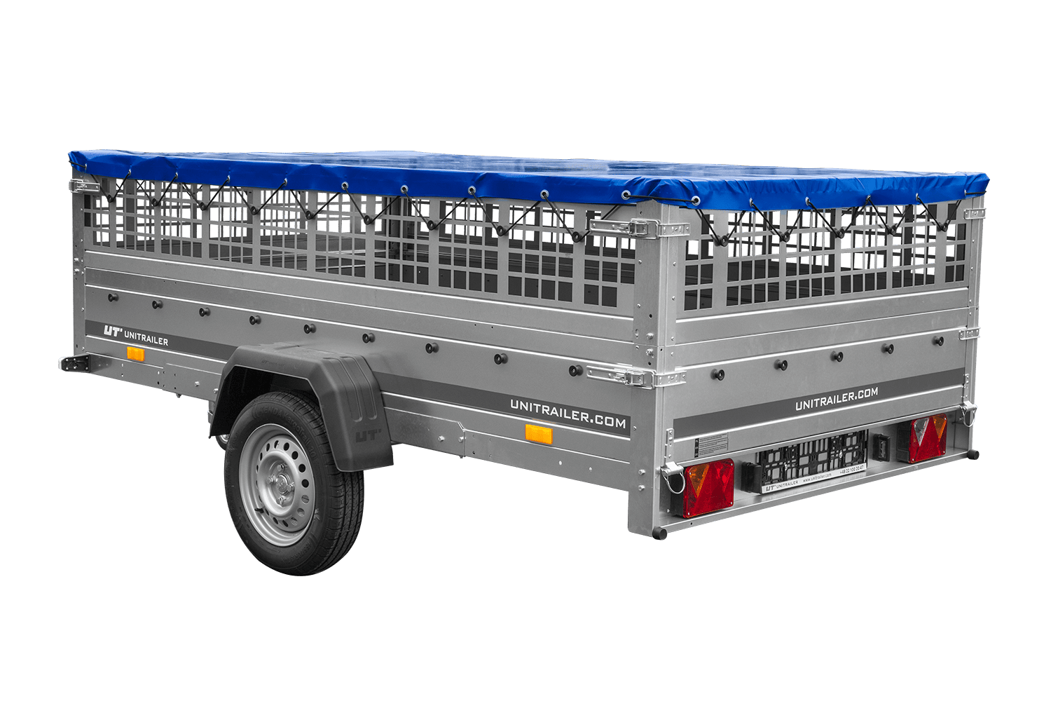 Remolque 264x150 UNITRAILER GARDEN 265 BASCULANTE con sobrelateral de rejilla, soportes para lona plana y lona azul