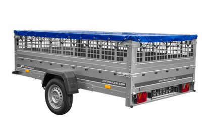 Remolque 264x150 UNITRAILER GARDEN 265 BASCULANTE con sobrelateral de rejilla, soportes para lona plana y lona azul