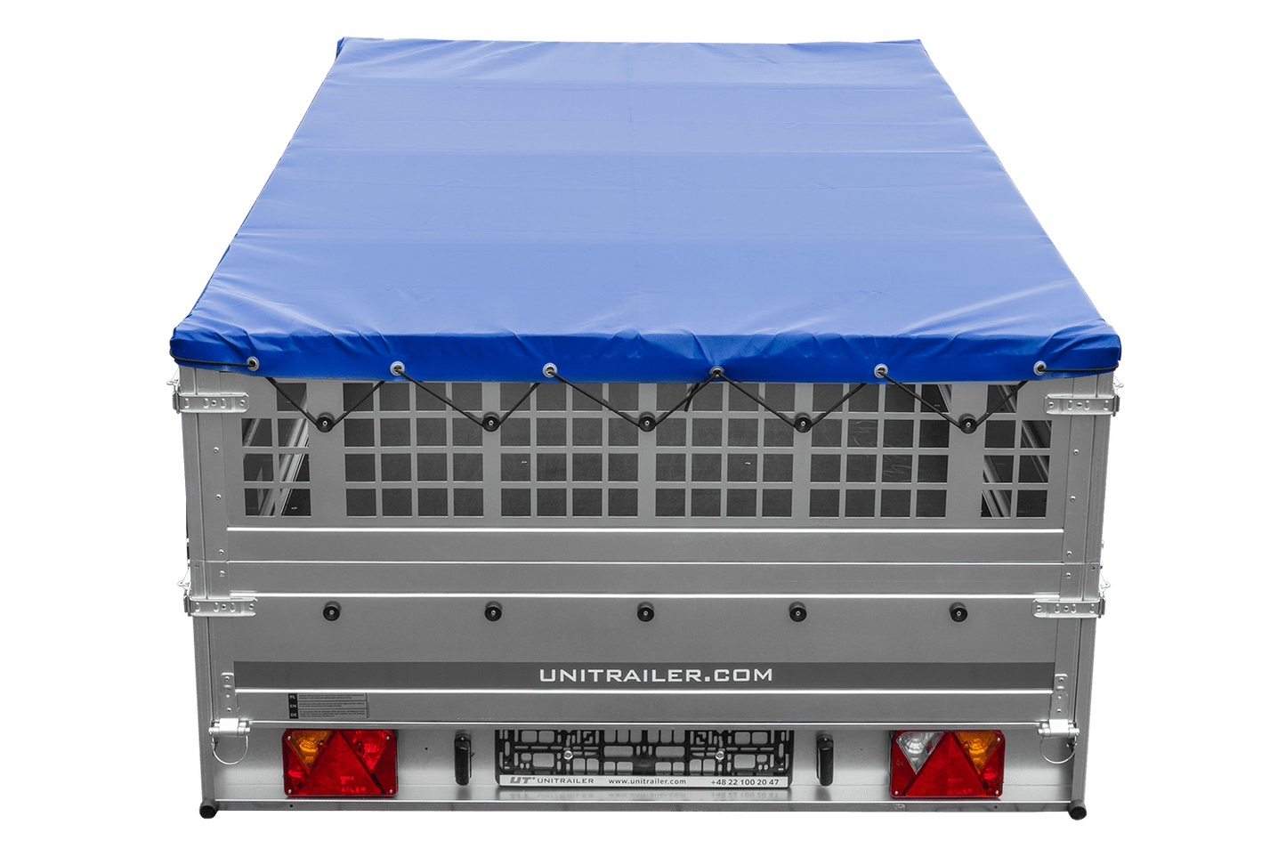 Remolque 264x150 UNITRAILER GARDEN 265 BASCULANTE con sobrelateral de rejilla, soportes para lona plana y lona azul
