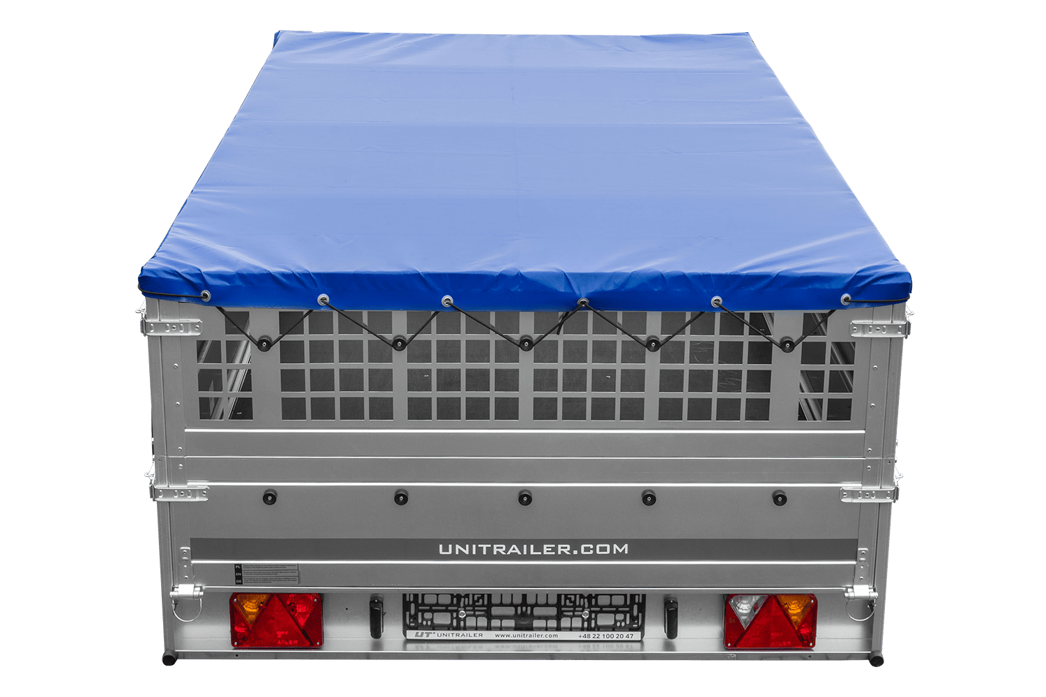 Remolque 264x150 UNITRAILER GARDEN 265 BASCULANTE con sobrelateral de rejilla, soportes para lona plana y lona azul