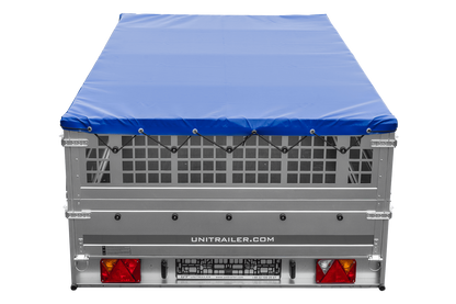 Remolque 264x150 UNITRAILER GARDEN 265 BASCULANTE con sobrelateral de rejilla, soportes para lona plana y lona azul