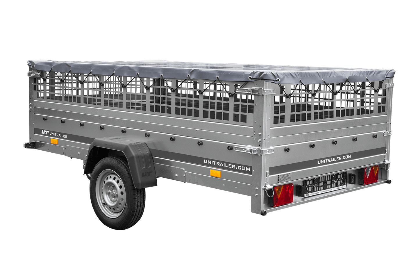 Remolque 264x150 UNITRAILER GARDEN 265 BASCULANTE con laterales de rejilla, marco H-0 y lona gris