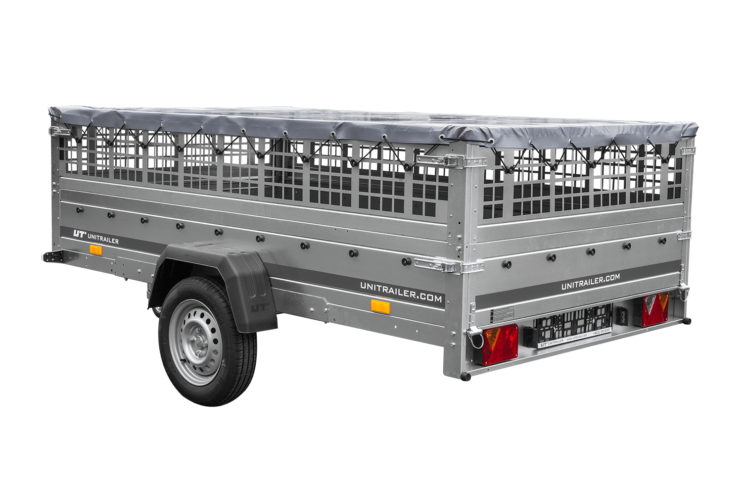 Remolque 264x150 UNITRAILER GARDEN 265 BASCULANTE con laterales de rejilla, marco H-0 y lona gris