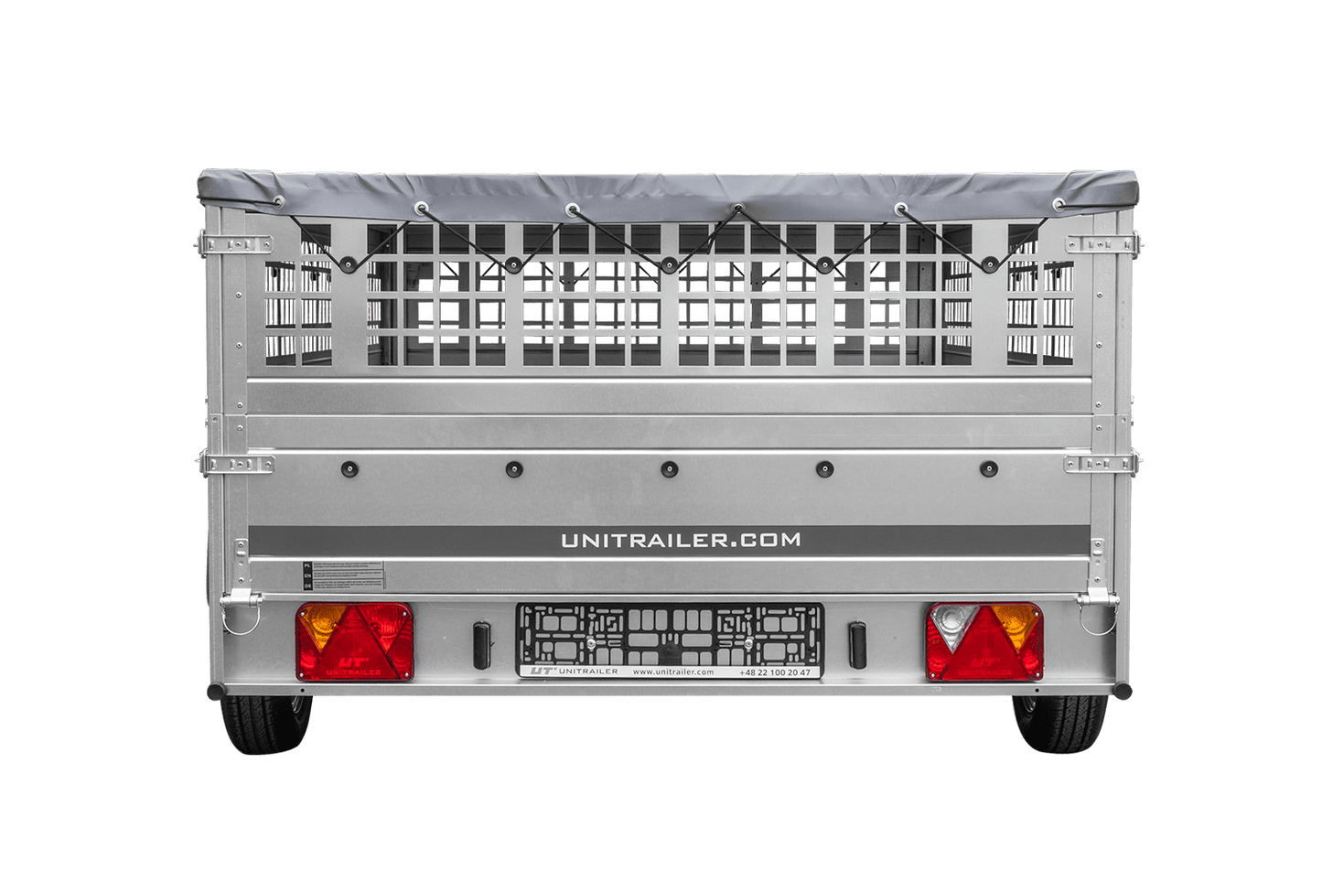 Remolque 264x150 UNITRAILER GARDEN 265 BASCULANTE con laterales de rejilla, marco H-0 y lona gris