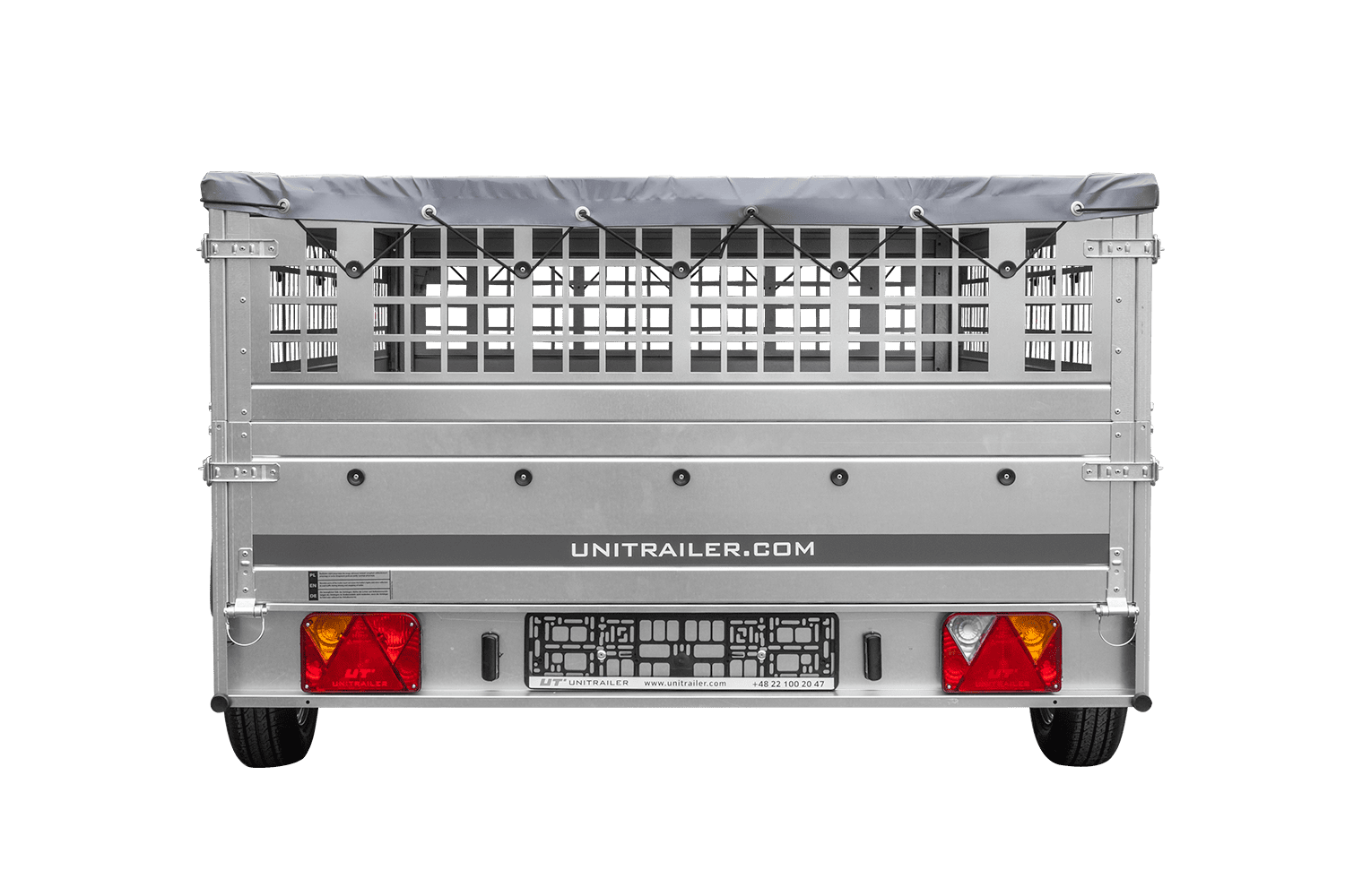 Remolque 264x150 UNITRAILER GARDEN 265 BASCULANTE con laterales de rejilla, marco H-0 y lona gris