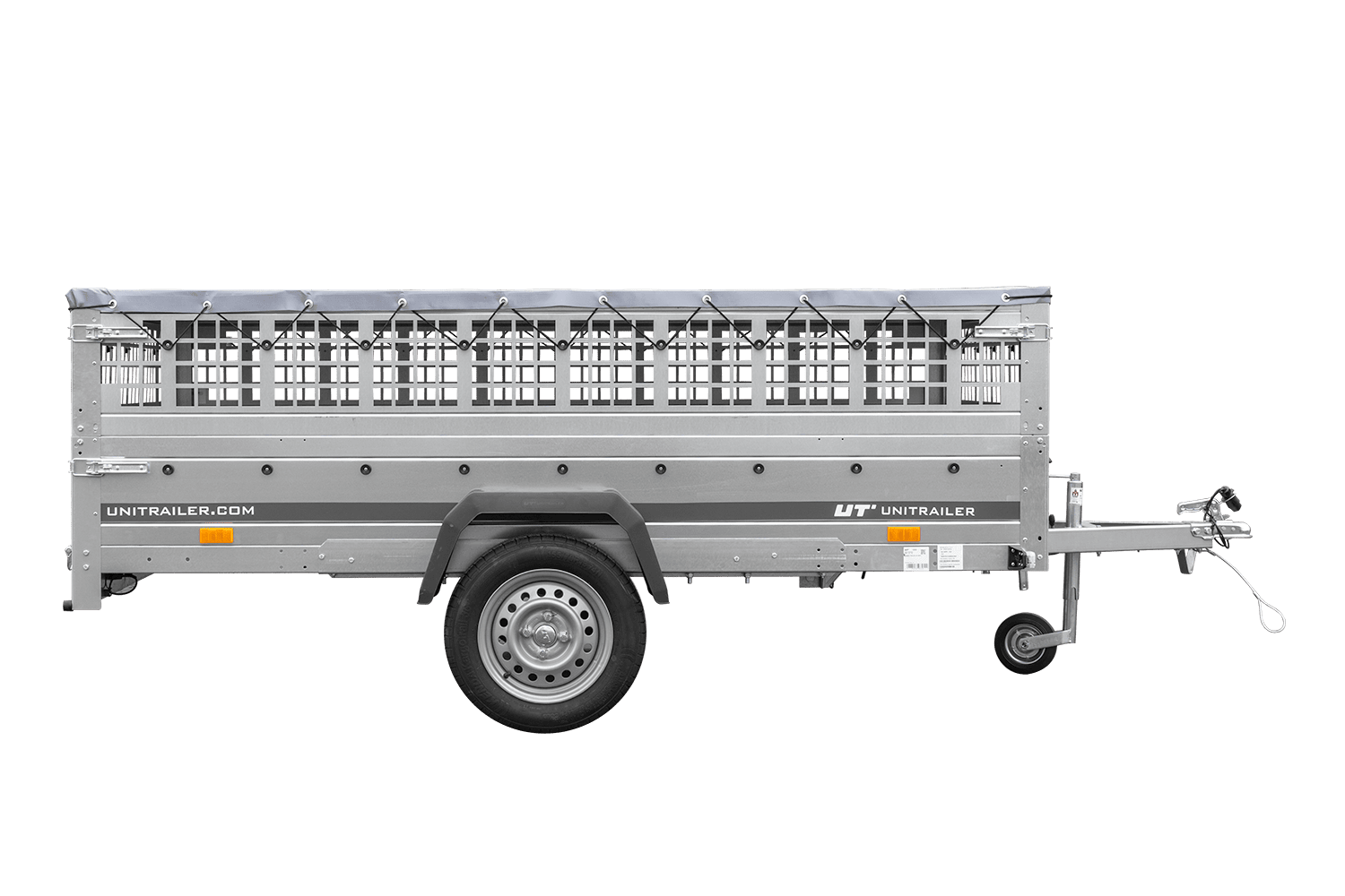 Remolque 264x150 UNITRAILER GARDEN 265 BASCULANTE con laterales de rejilla, marco H-0 y lona gris