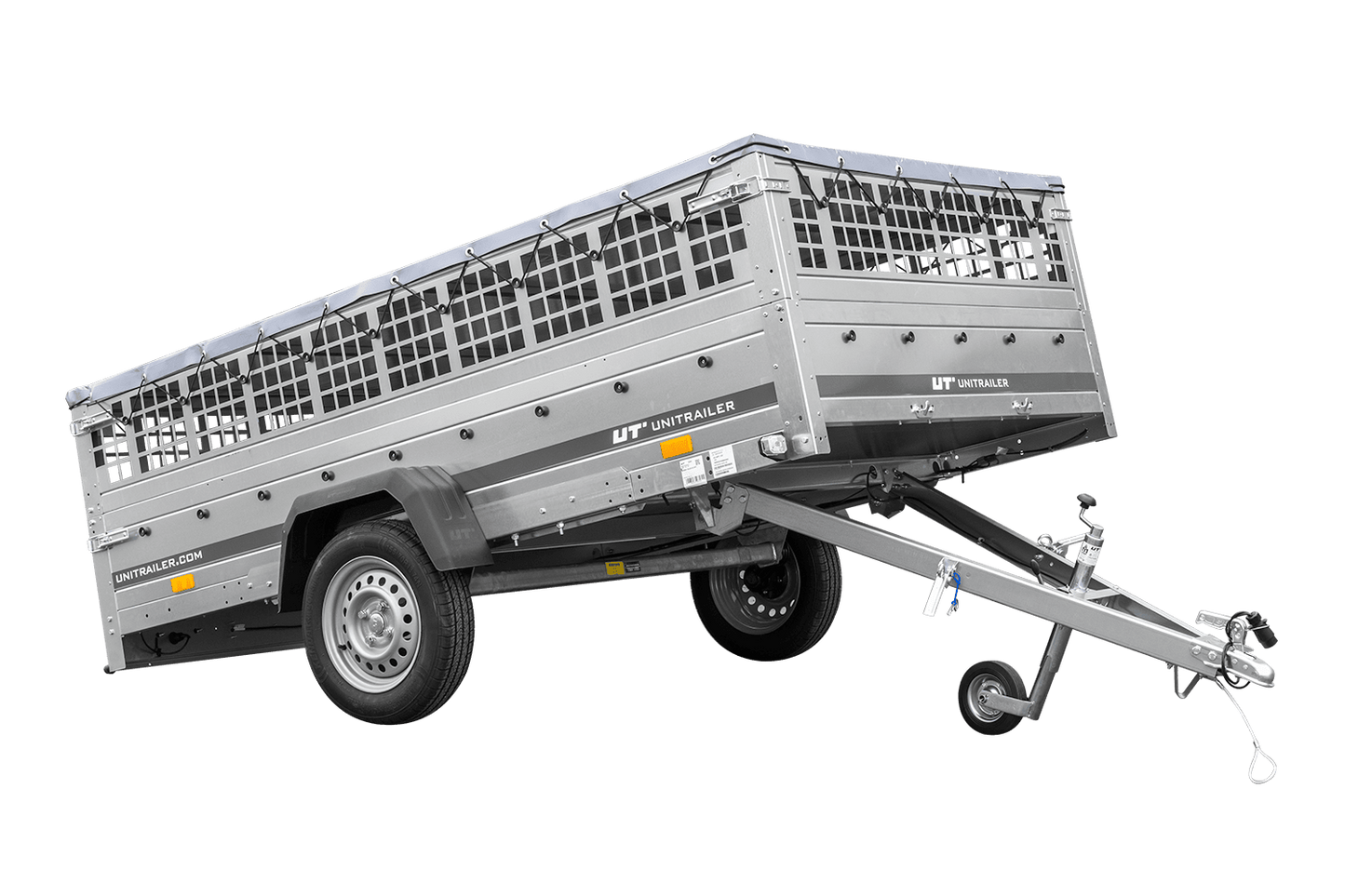 Remolque 264x150 UNITRAILER GARDEN 265 BASCULANTE con laterales de rejilla, marco H-0 y lona gris