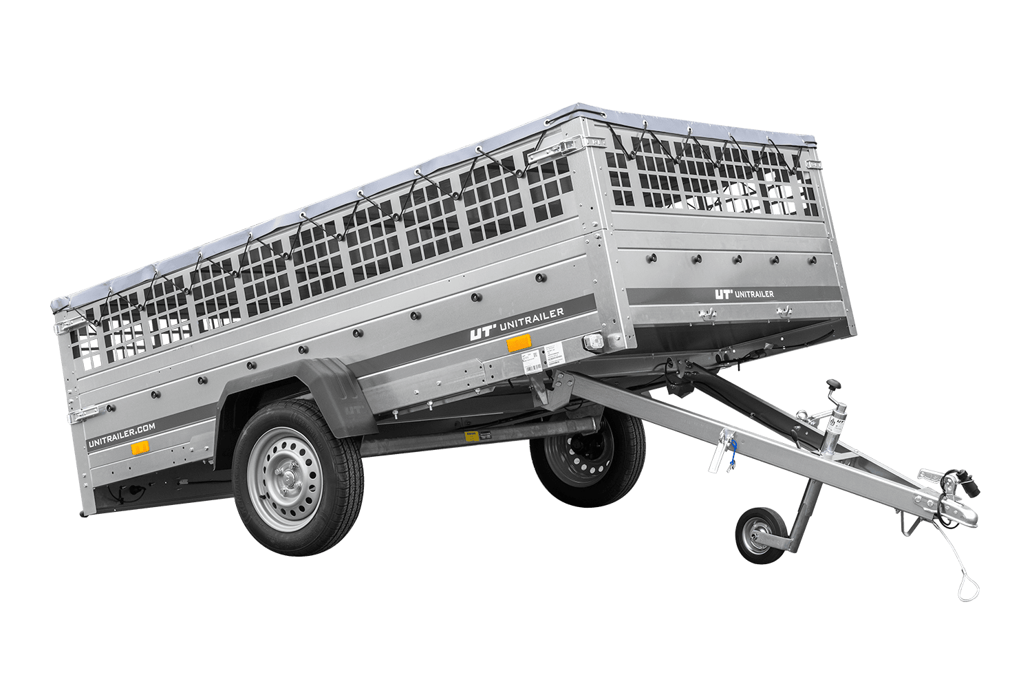 Remolque 264x150 UNITRAILER GARDEN 265 BASCULANTE con laterales de rejilla, marco H-0 y lona gris