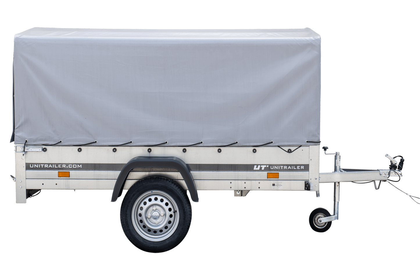 Remolque para coche 230x125 Garden Trailer 230 BASCULANTE Unitrailer 750 kg con rueda de apoyo, lona alta y estructura alta