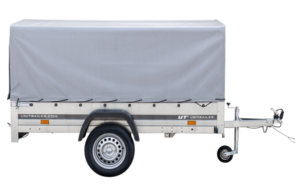 Remolque para coche 230x125 Garden Trailer 230 BASCULANTE Unitrailer 750 kg con rueda de apoyo, lona alta y estructura alta