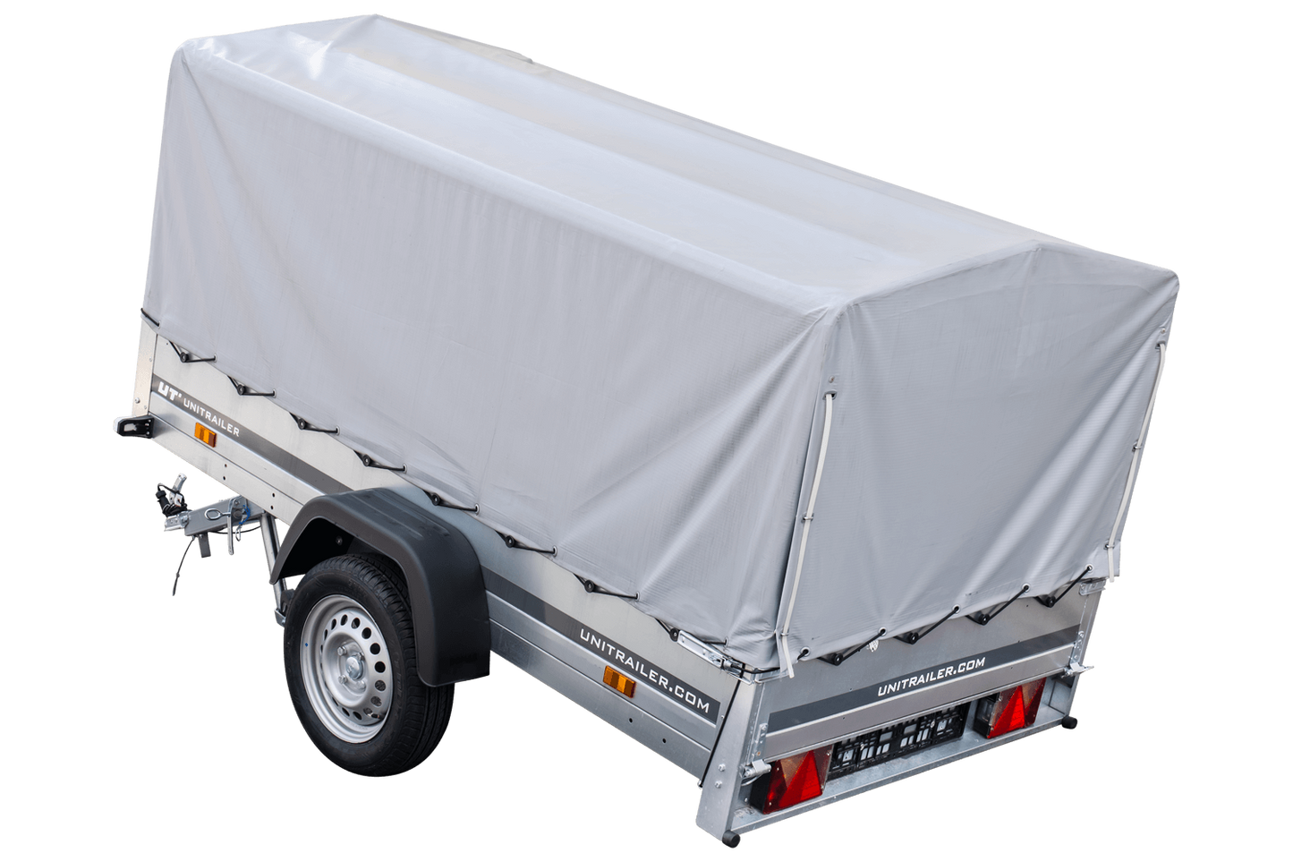 Remolque para coche 230x125 Garden Trailer 230 BASCULANTE Unitrailer 750 kg con rueda de apoyo, lona alta y estructura alta