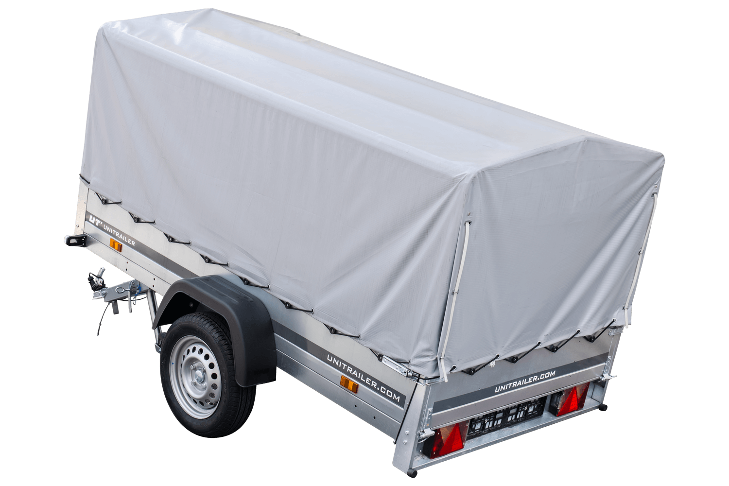 Remolque para coche 230x125 Garden Trailer 230 BASCULANTE Unitrailer 750 kg con rueda de apoyo, lona alta y estructura alta