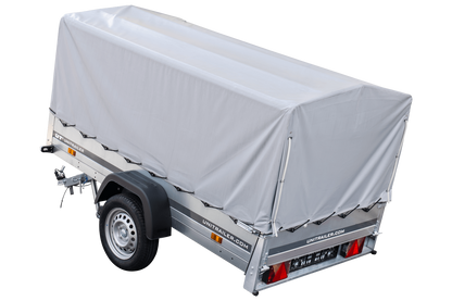 Remolque para coche 230x125 Garden Trailer 230 BASCULANTE Unitrailer 750 kg con rueda de apoyo, lona alta y estructura alta