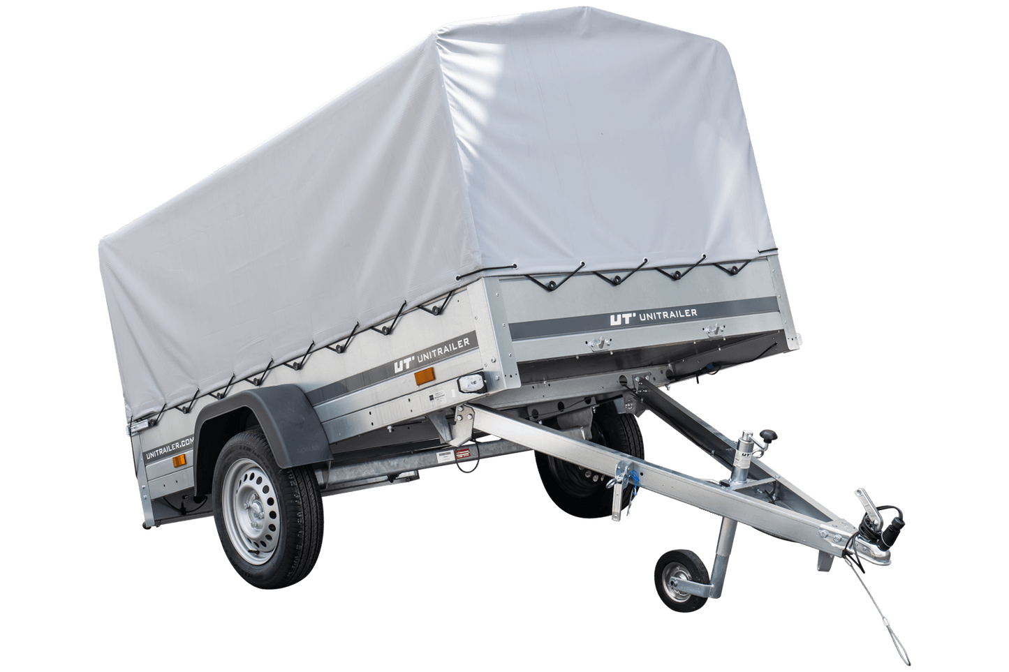 Remolque para coche 230x125 Garden Trailer 230 BASCULANTE Unitrailer 750 kg con rueda de apoyo, lona alta y estructura alta