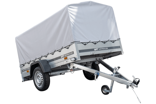 Remolque para coche 230x125 Garden Trailer 230 BASCULANTE Unitrailer 750 kg con rueda de apoyo, lona alta y estructura alta