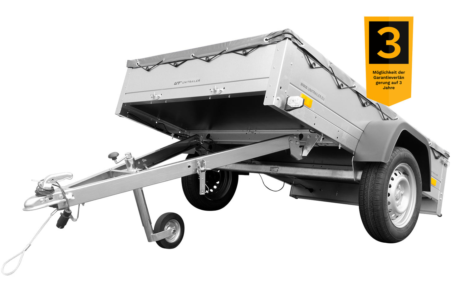 Remolque para coches Garden Trailer 201 KIPP 200x125 cm 750 kg [con lona plana, rueda de apoyo y soporte para lona]