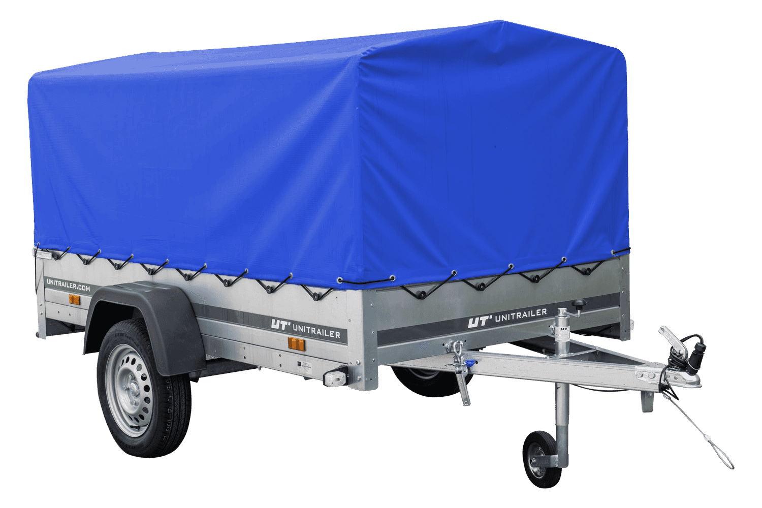 Remolque de jardín 230x125 230 KIPP Unitrailer 750 kg con rueda de apoyo, lona alta azul y estructura alta