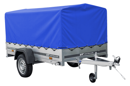 Remolque de jardín 230x125 230 KIPP Unitrailer 750 kg con rueda de apoyo, lona alta azul y estructura alta