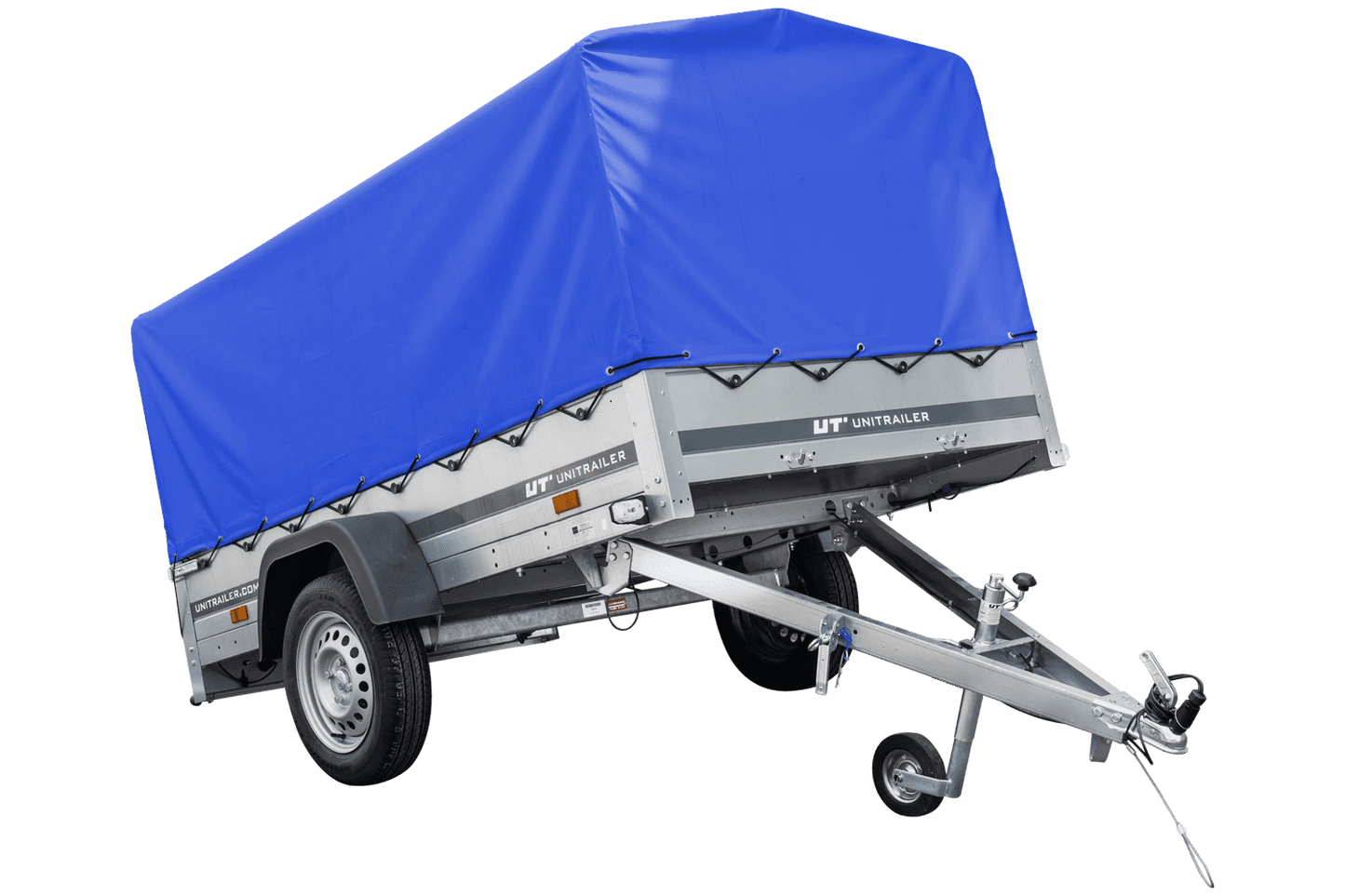 Remolque de jardín 230x125 230 KIPP Unitrailer 750 kg con rueda de apoyo, lona alta azul y estructura alta