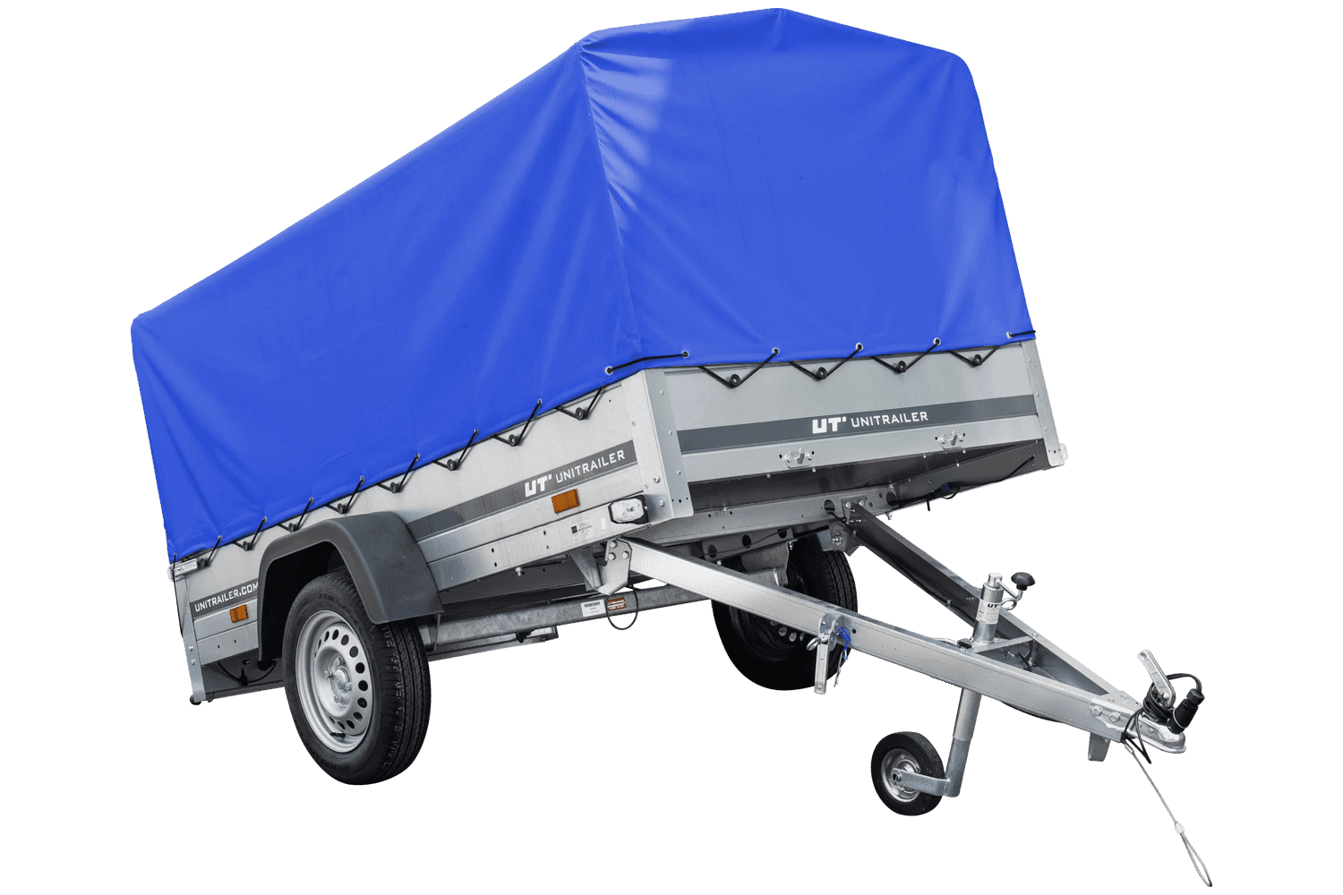 Remolque de jardín 230x125 230 KIPP Unitrailer 750 kg con rueda de apoyo, lona alta azul y estructura alta