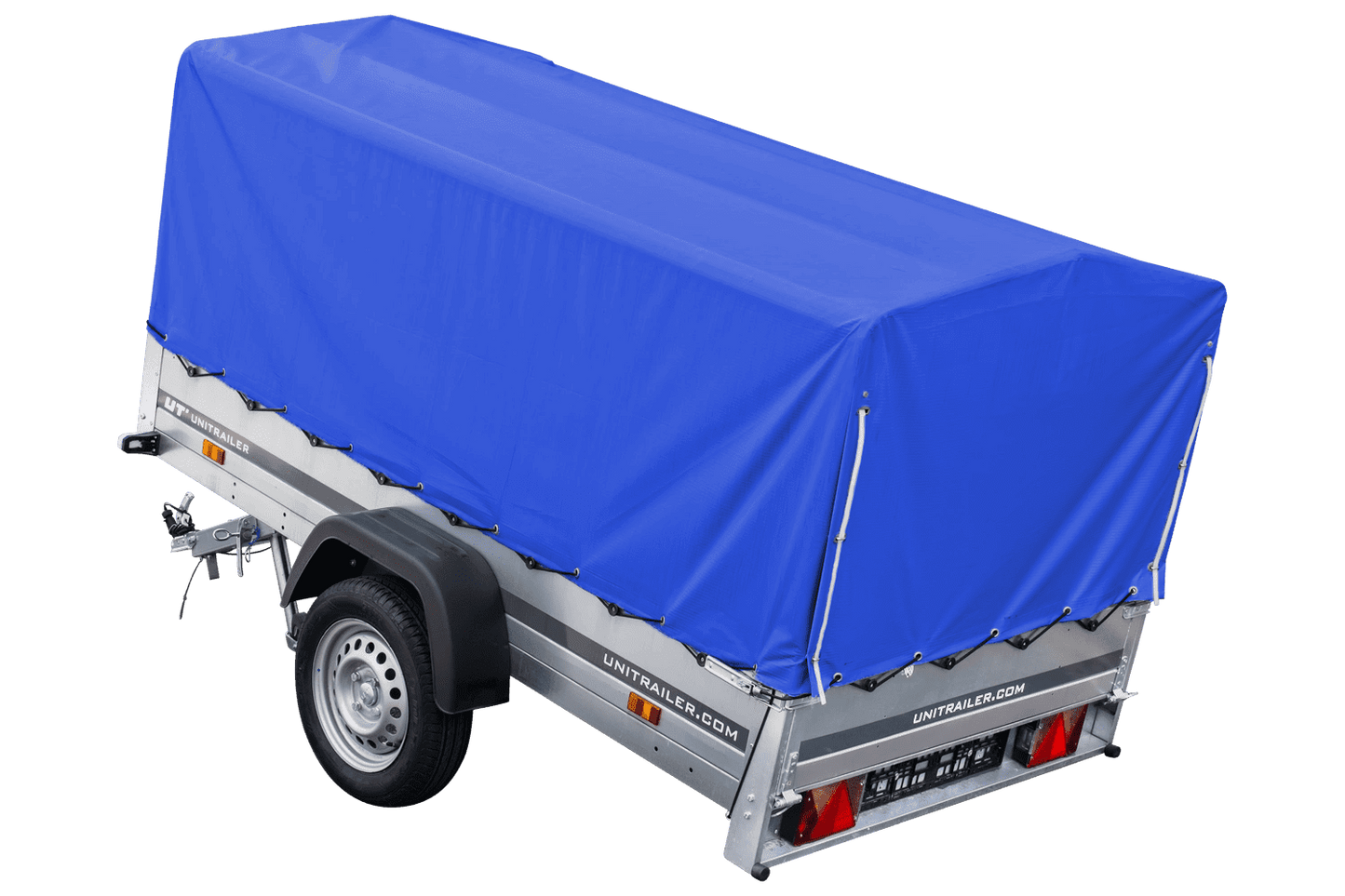 Remolque de jardín 230x125 230 KIPP Unitrailer 750 kg con rueda de apoyo, lona alta azul y estructura alta