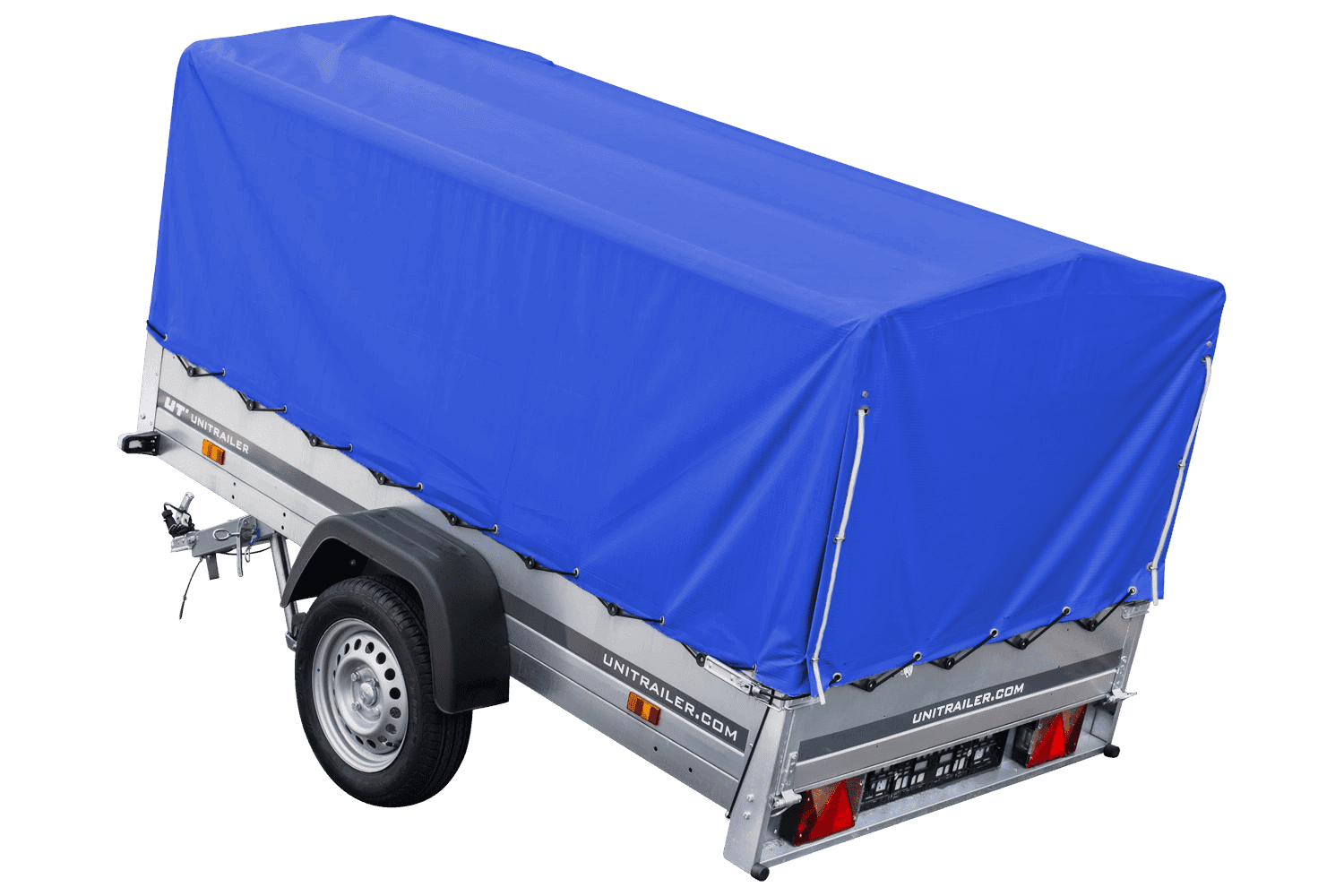 Remolque de jardín 230x125 230 KIPP Unitrailer 750 kg con rueda de apoyo, lona alta azul y estructura alta