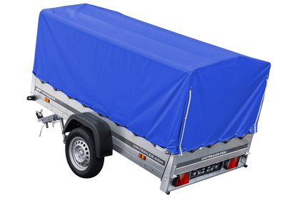 Remolque de jardín 230x125 230 KIPP Unitrailer 750 kg con rueda de apoyo, lona alta azul y estructura alta
