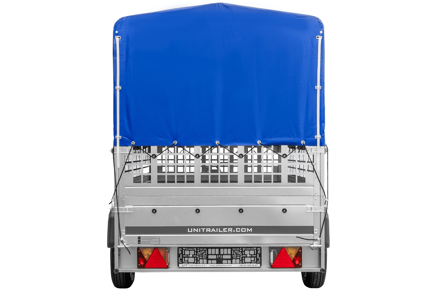 Remolque de transporte de coches sobre muelles 264x125 UNITRAILER GARDEN 264/R BASCULANTE con paredes de rejilla, marco H-800 y lona azul