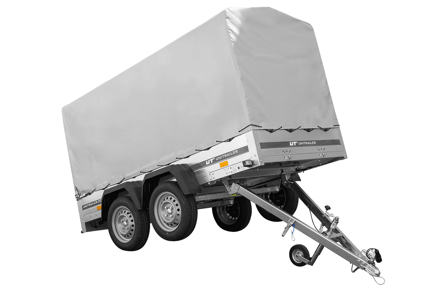 El remolque Garden Trailer 264/2 BASCULANTE CON RUEDA DE APOYO, H-1100-LONA ALTA Y LONA GRIS