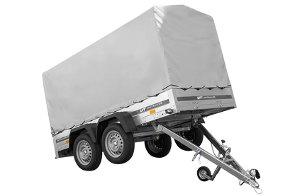 El remolque Garden Trailer 264/2 BASCULANTE CON RUEDA DE APOYO, H-1100-LONA ALTA Y LONA GRIS