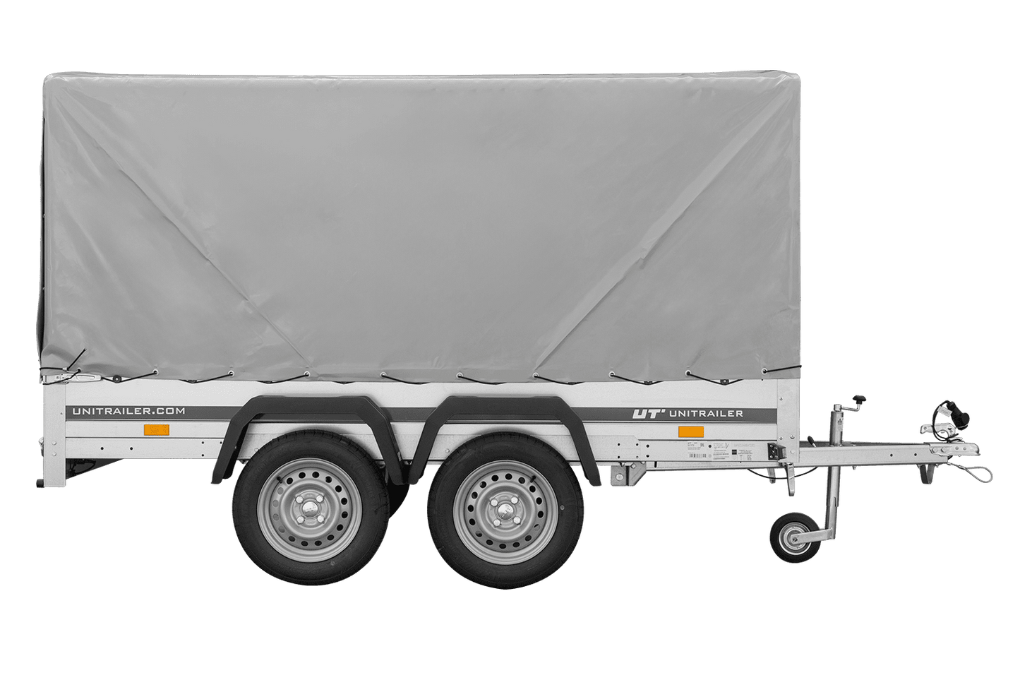 El remolque Garden Trailer 264/2 BASCULANTE CON RUEDA DE APOYO, H-1100-LONA ALTA Y LONA GRIS