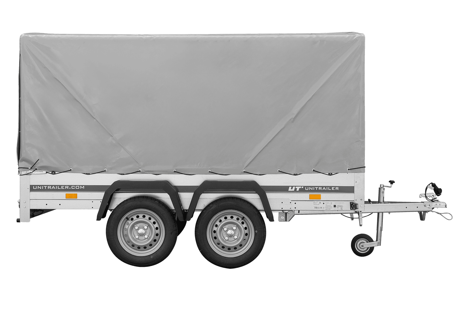 El remolque Garden Trailer 264/2 BASCULANTE CON RUEDA DE APOYO, H-1100-LONA ALTA Y LONA GRIS