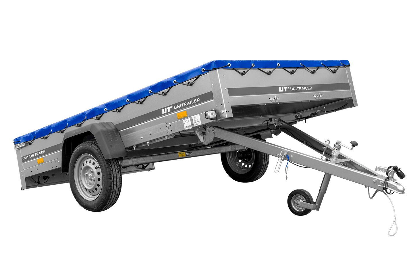 Remolque de un eje 264x150 UNITRAILER GARDEN 265 BASCULANTE con soporte para lona plana y lona azul
