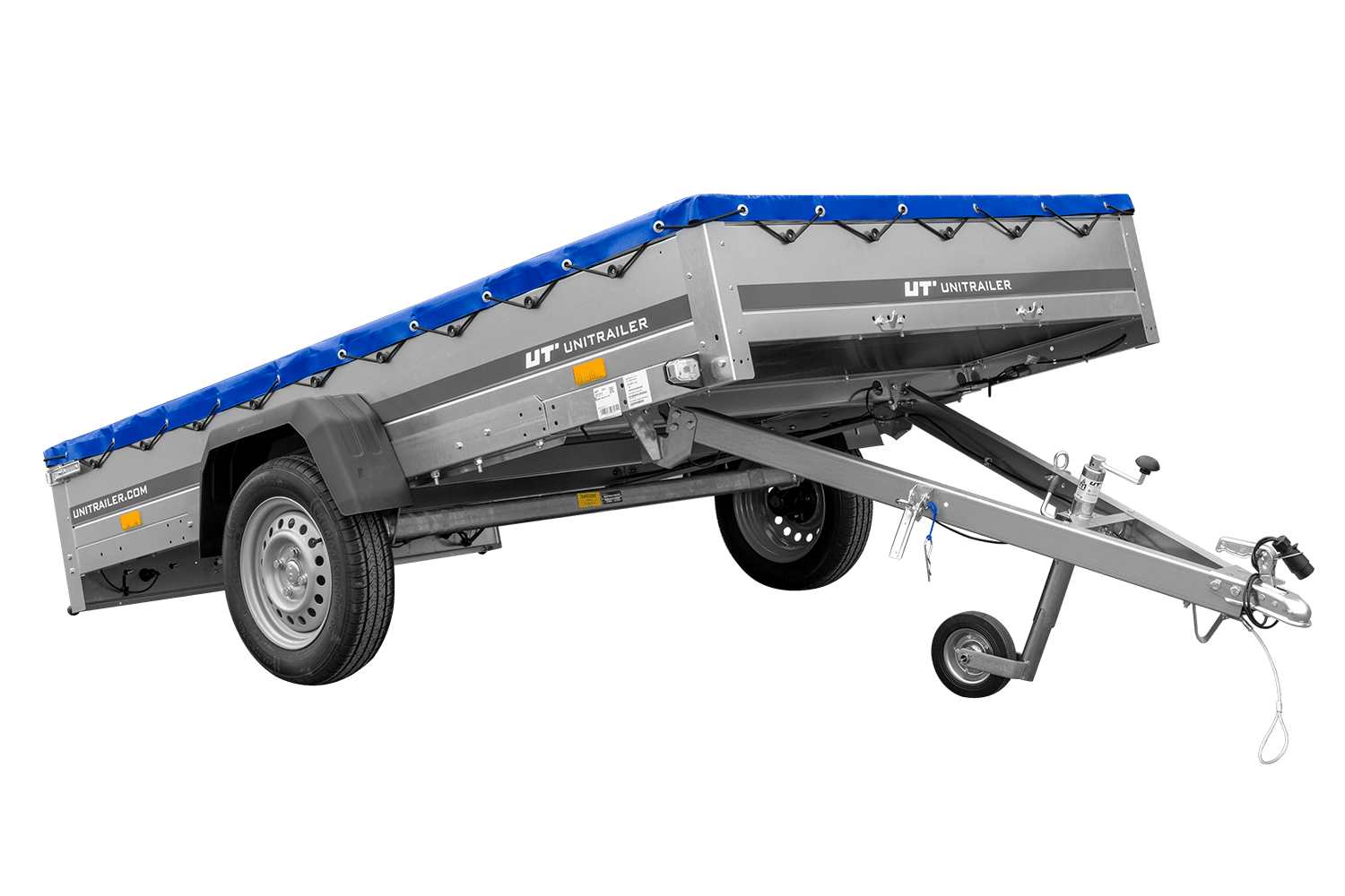Remolque de un eje 264x150 UNITRAILER GARDEN 265 BASCULANTE con soporte para lona plana y lona azul