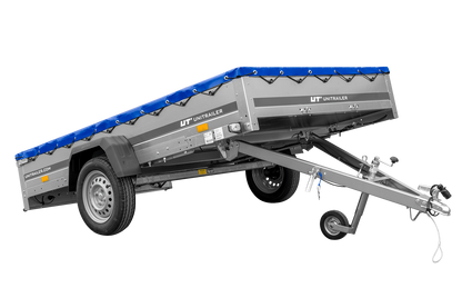 Remolque de un eje 264x150 UNITRAILER GARDEN 265 BASCULANTE con soporte para lona plana y lona azul