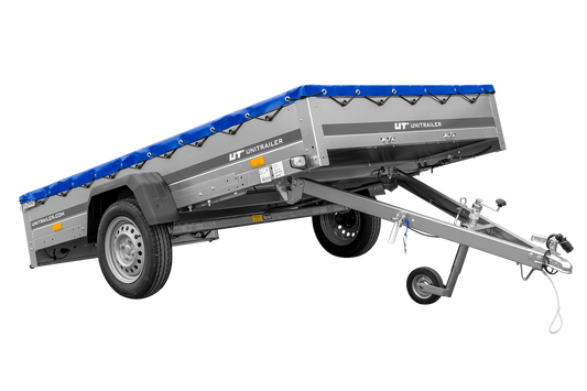 Remolque de un eje 264x150 UNITRAILER GARDEN 265 BASCULANTE con soporte para lona plana y lona azul