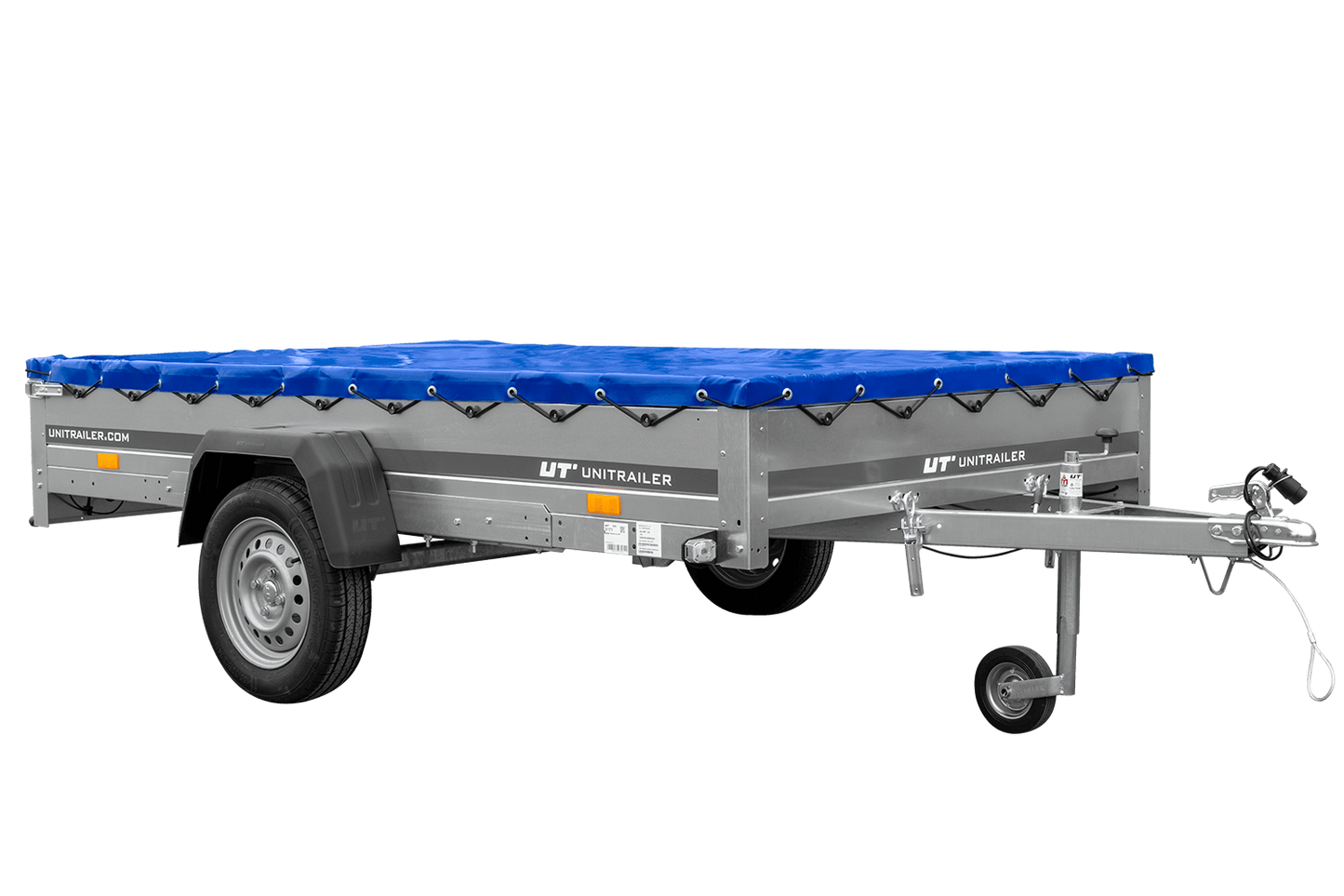 Remolque de un eje 264x150 UNITRAILER GARDEN 265 BASCULANTE con soporte para lona plana y lona azul