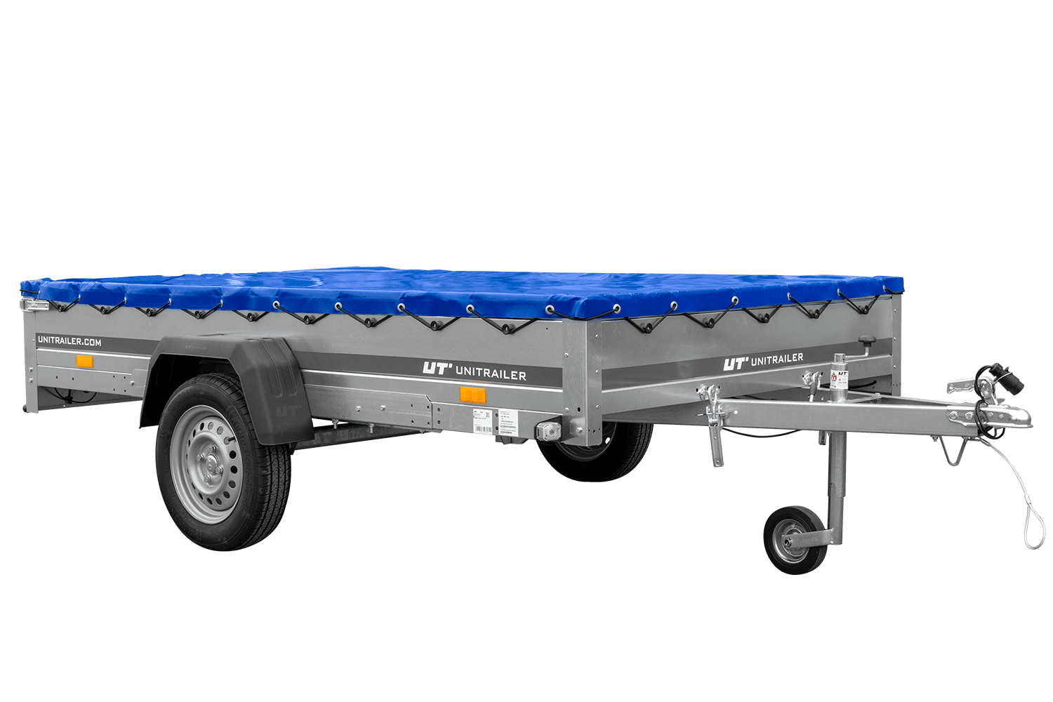 Remolque de un eje 264x150 UNITRAILER GARDEN 265 BASCULANTE con soporte para lona plana y lona azul