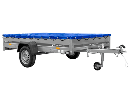Remolque de un eje 264x150 UNITRAILER GARDEN 265 BASCULANTE con soporte para lona plana y lona azul