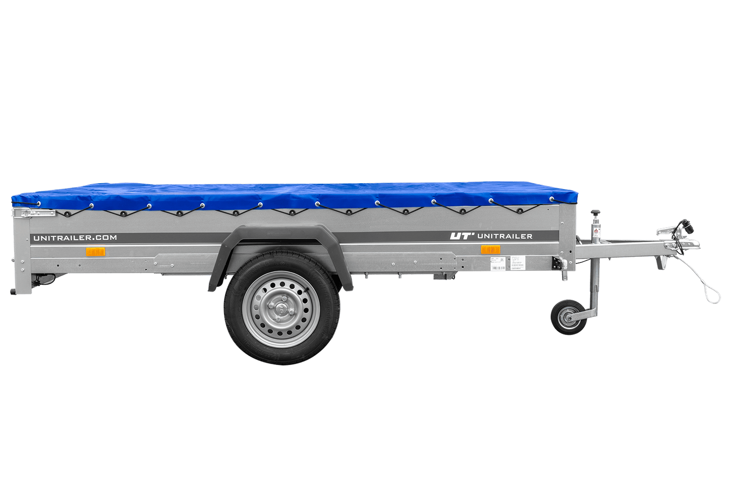 Remolque de un eje 264x150 UNITRAILER GARDEN 265 BASCULANTE con soporte para lona plana y lona azul