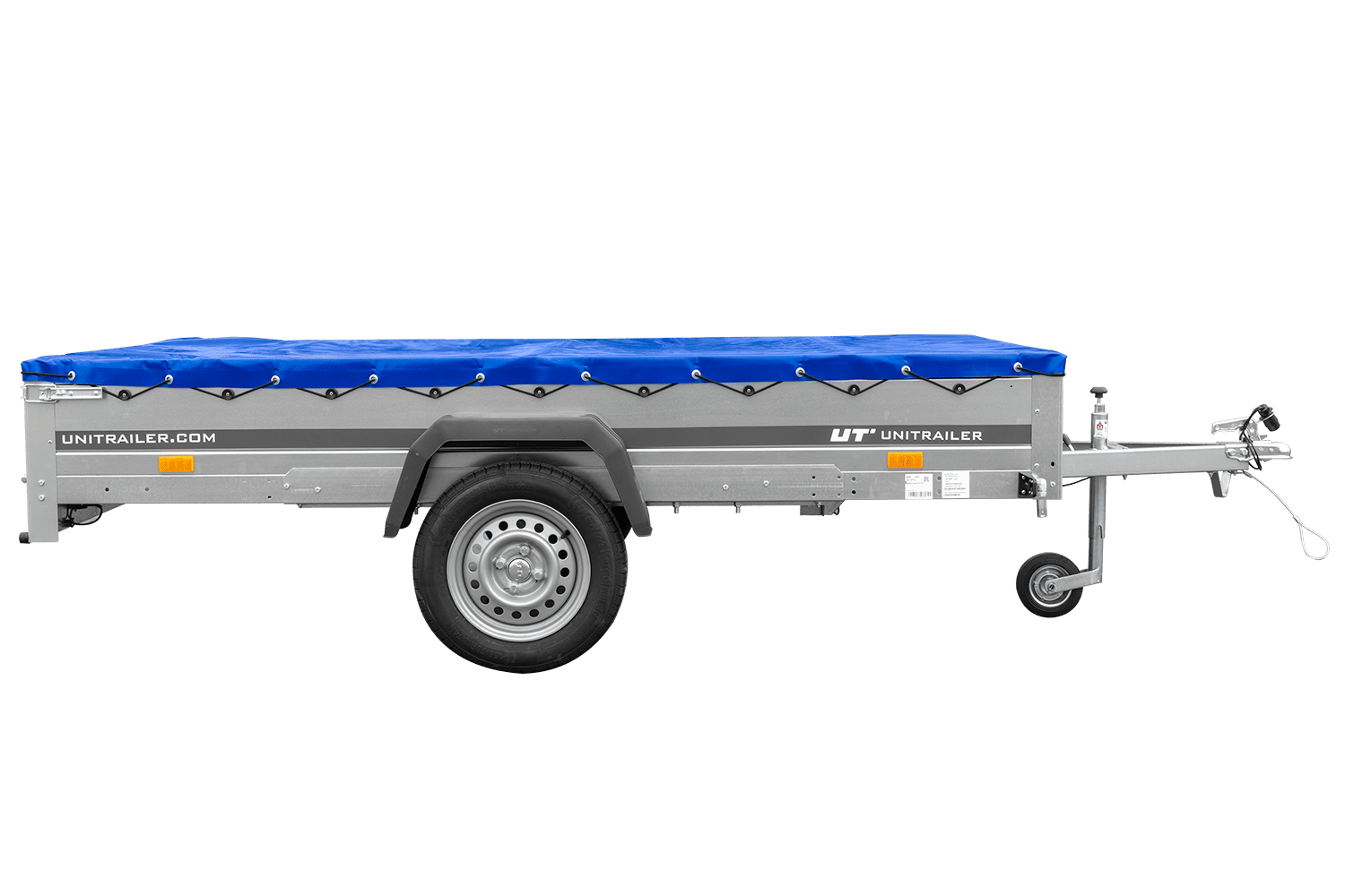 Remolque de un eje 264x150 UNITRAILER GARDEN 265 BASCULANTE con soporte para lona plana y lona azul