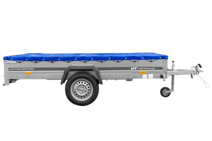 Remolque de un eje 264x150 UNITRAILER GARDEN 265 BASCULANTE con soporte para lona plana y lona azul