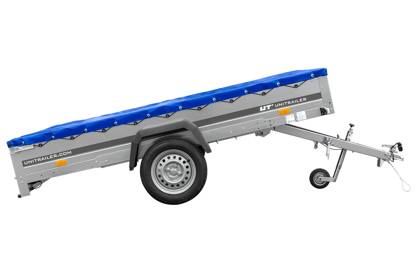 Remolque de un eje 264x150 UNITRAILER GARDEN 265 BASCULANTE con soporte para lona plana y lona azul