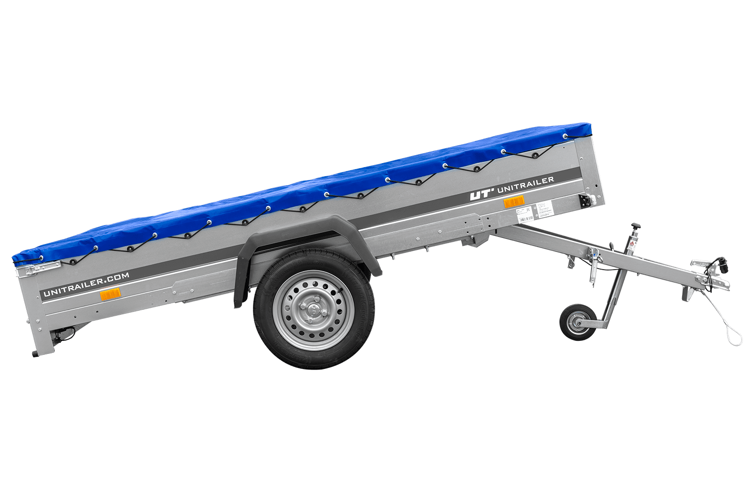 Remolque de un eje 264x150 UNITRAILER GARDEN 265 BASCULANTE con soporte para lona plana y lona azul